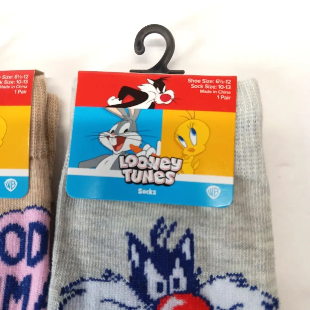 Looney Tunes Bugs Bunny Sylvester Cartoon TV Socks 2 Pair Men Crew Size 6-12 NWT